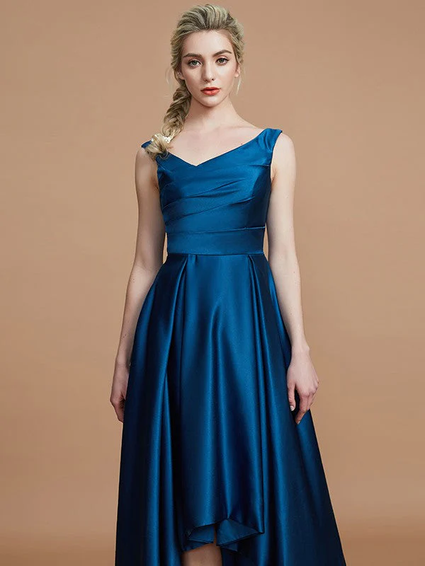V-Neck Elegant Satin Asymmetrical Sleeveless Bridesmaid Dresses - Image 4