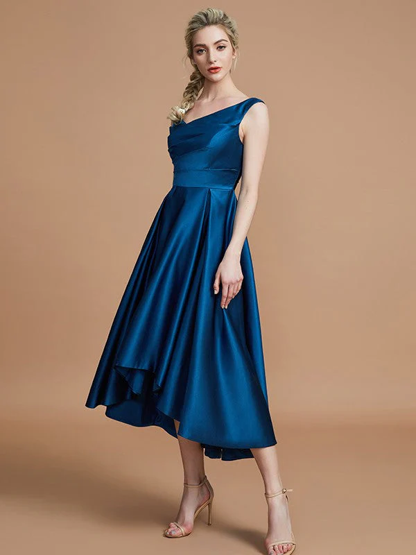 V-Neck Elegant Satin Asymmetrical Sleeveless Bridesmaid Dresses - Image 5