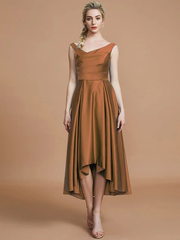 V-Neck Elegant Satin Asymmetrical Sleeveless Bridesmaid Dresses - Image 9