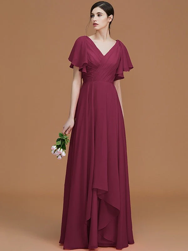 V-Neck Elegant Short Sleeves Ruched Chiffon Bridesmaid Dresses - Image 11