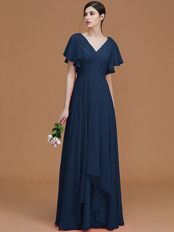 V-Neck Elegant Short Sleeves Ruched Chiffon Bridesmaid Dresses - Image 16