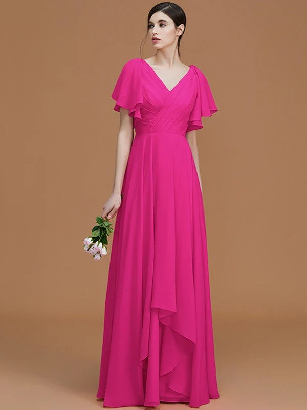 V-Neck Elegant Short Sleeves Ruched Chiffon Bridesmaid Dresses - Image 17