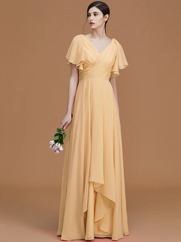 V-Neck Elegant Short Sleeves Ruched Chiffon Bridesmaid Dresses - Image 18
