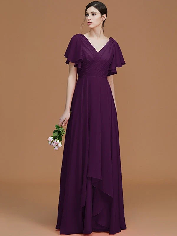 V-Neck Elegant Short Sleeves Ruched Chiffon Bridesmaid Dresses - Image 19