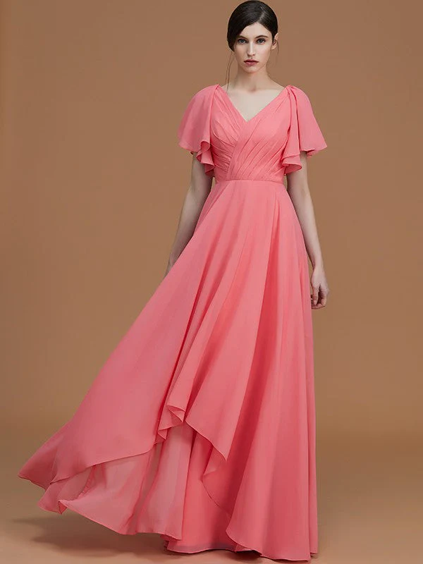 V-Neck Elegant Short Sleeves Ruched Chiffon Bridesmaid Dresses - Image 2