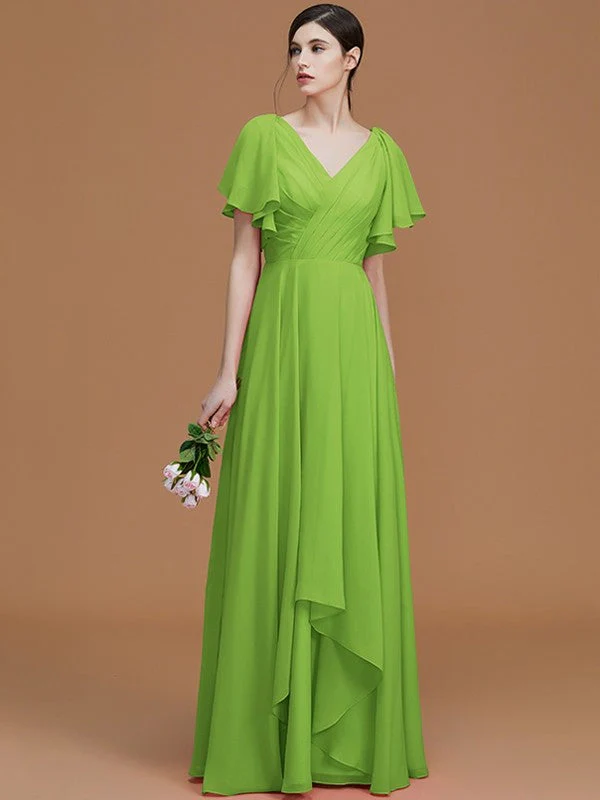 V-Neck Elegant Short Sleeves Ruched Chiffon Bridesmaid Dresses - Image 20