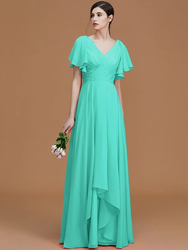V-Neck Elegant Short Sleeves Ruched Chiffon Bridesmaid Dresses - Image 21