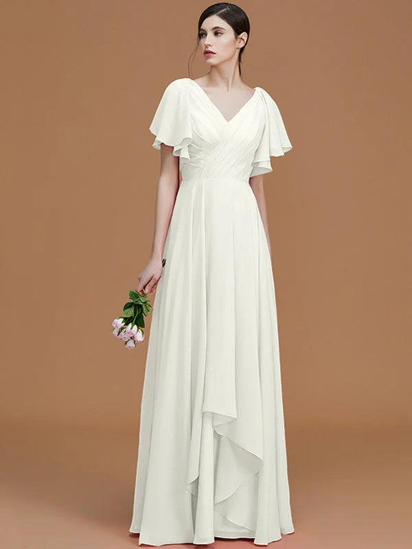 V-Neck Elegant Short Sleeves Ruched Chiffon Bridesmaid Dresses - Image 22