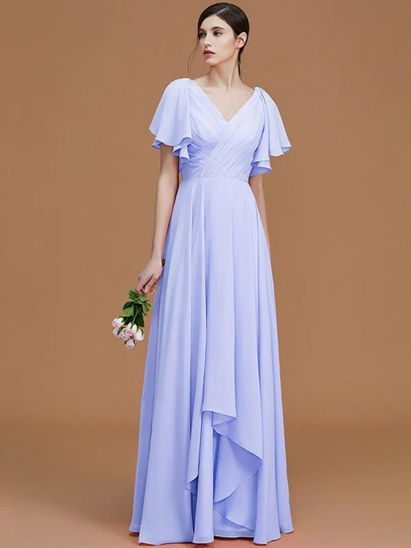V-Neck Elegant Short Sleeves Ruched Chiffon Bridesmaid Dresses - Image 23
