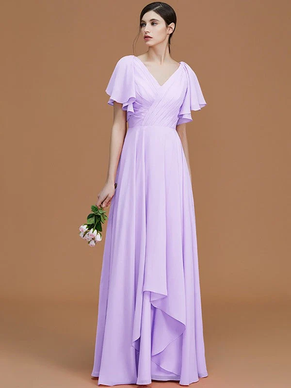V-Neck Elegant Short Sleeves Ruched Chiffon Bridesmaid Dresses - Image 25
