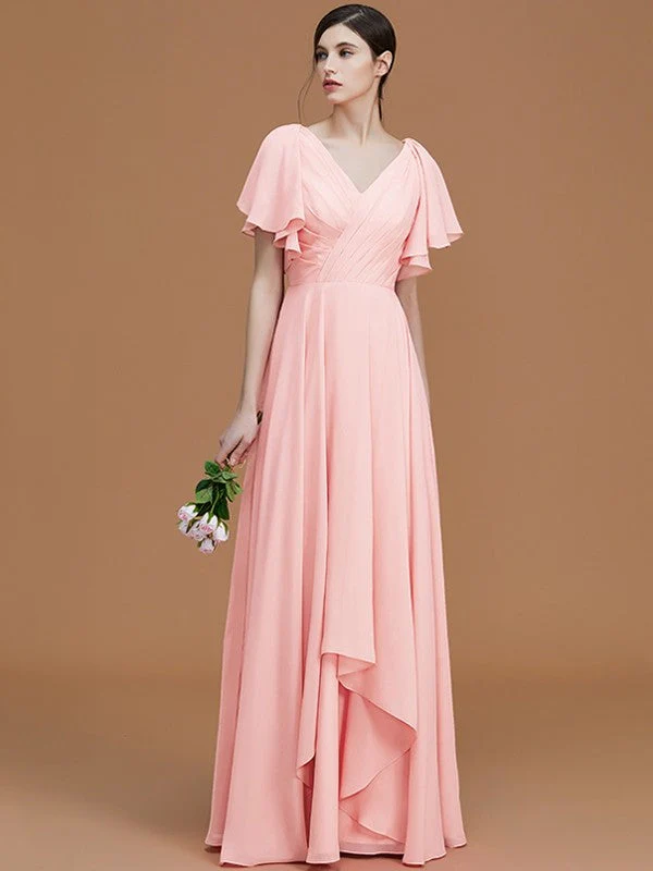 V-Neck Elegant Short Sleeves Ruched Chiffon Bridesmaid Dresses - Image 27