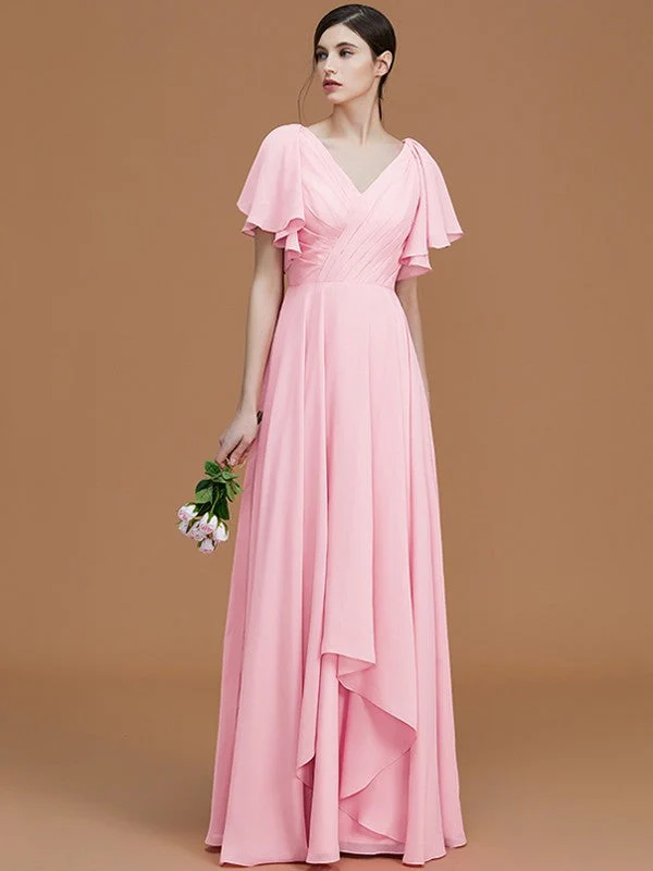 V-Neck Elegant Short Sleeves Ruched Chiffon Bridesmaid Dresses - Image 28