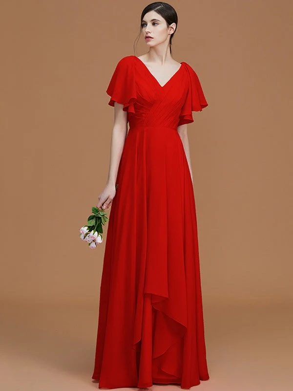 V-Neck Elegant Short Sleeves Ruched Chiffon Bridesmaid Dresses - Image 29