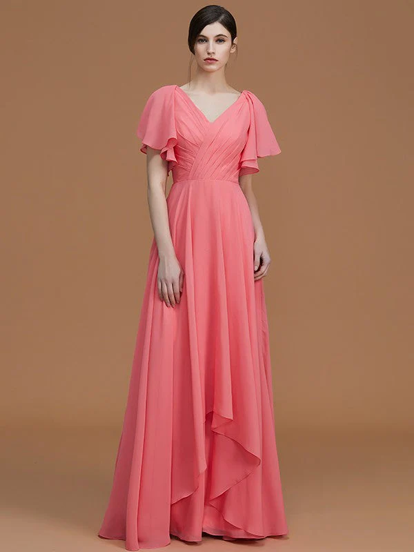 V-Neck Elegant Short Sleeves Ruched Chiffon Bridesmaid Dresses - Image 3