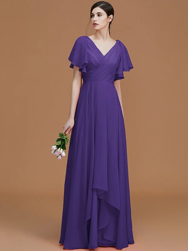 V-Neck Elegant Short Sleeves Ruched Chiffon Bridesmaid Dresses - Image 30