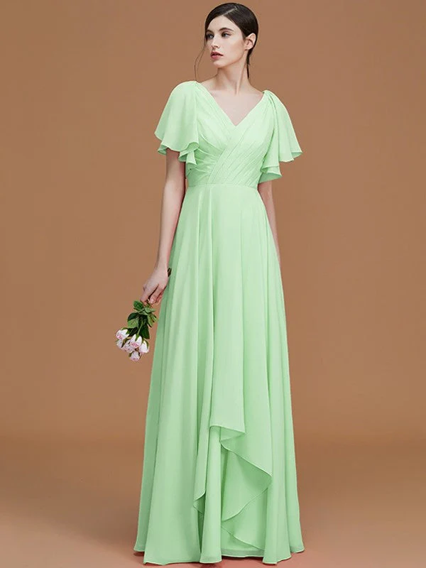 V-Neck Elegant Short Sleeves Ruched Chiffon Bridesmaid Dresses - Image 32