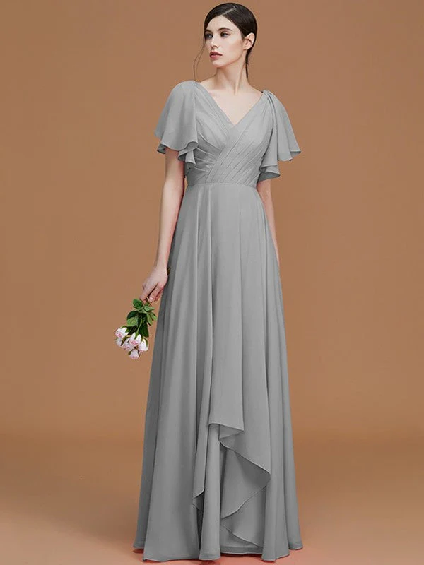 V-Neck Elegant Short Sleeves Ruched Chiffon Bridesmaid Dresses - Image 33
