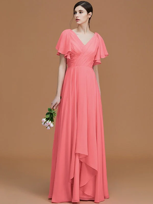 V-Neck Elegant Short Sleeves Ruched Chiffon Bridesmaid Dresses - Image 34