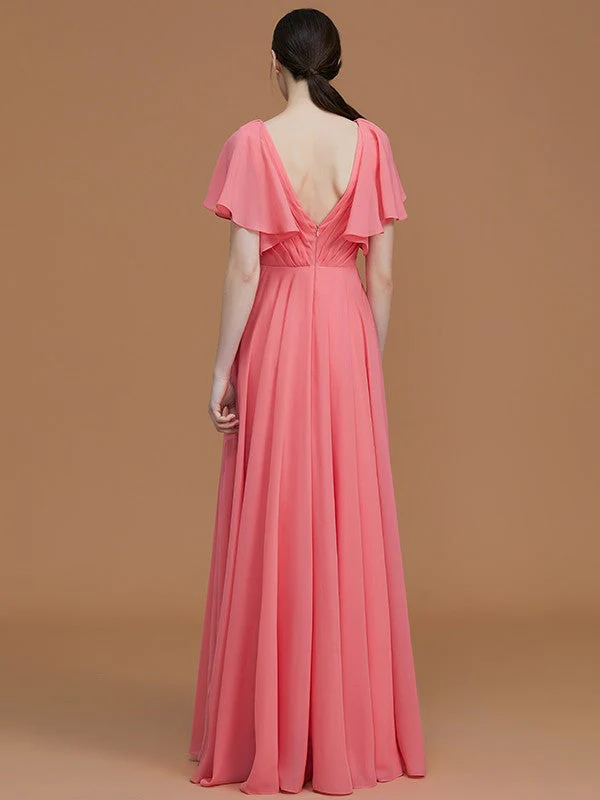 V-Neck Elegant Short Sleeves Ruched Chiffon Bridesmaid Dresses - Image 36