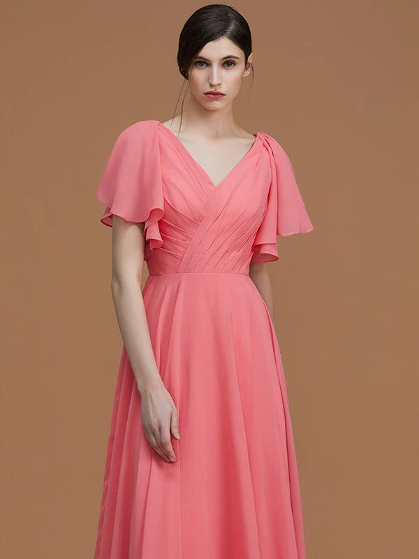 V-Neck Elegant Short Sleeves Ruched Chiffon Bridesmaid Dresses - Image 4