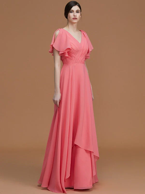 V-Neck Elegant Short Sleeves Ruched Chiffon Bridesmaid Dresses - Image 5