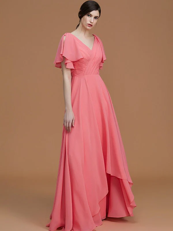 V-Neck Elegant Short Sleeves Ruched Chiffon Bridesmaid Dresses - Image 6
