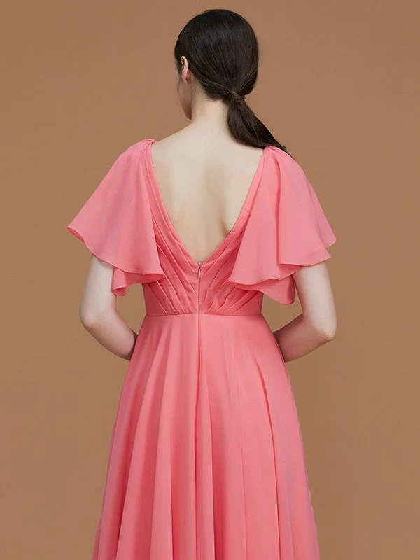 V-Neck Elegant Short Sleeves Ruched Chiffon Bridesmaid Dresses - Image 7