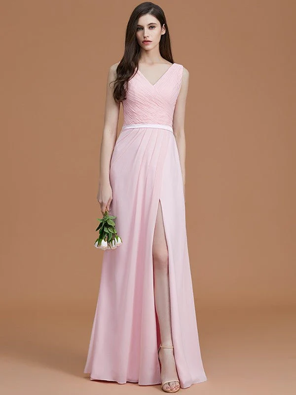V-Neck Elegant Sleeveless Ruched Chiffon Bridesmaid Dresses - Image 28