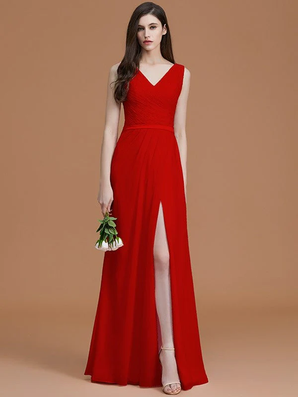 V-Neck Elegant Sleeveless Ruched Chiffon Bridesmaid Dresses - Image 29