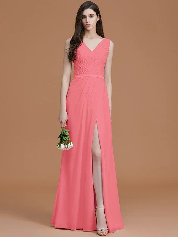 V-Neck Elegant Sleeveless Ruched Chiffon Bridesmaid Dresses - Image 34