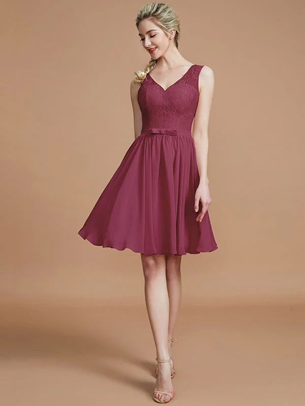 V-Neck Elegant Sleeveless Lace Short/Mini Chiffon Bridesmaid Dresses - Image 10