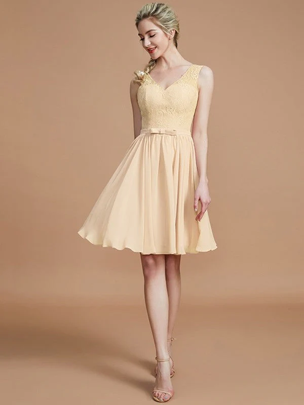 V-Neck Elegant Sleeveless Lace Short/Mini Chiffon Bridesmaid Dresses - Image 11