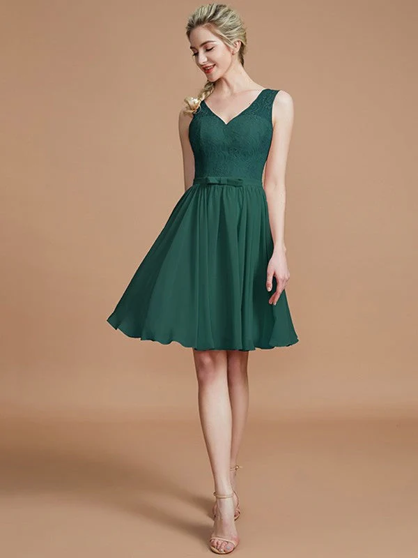 V-Neck Elegant Sleeveless Lace Short/Mini Chiffon Bridesmaid Dresses - Image 14