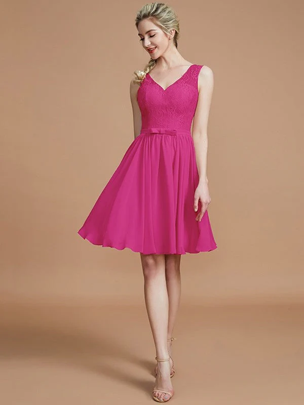 V-Neck Elegant Sleeveless Lace Short/Mini Chiffon Bridesmaid Dresses - Image 16