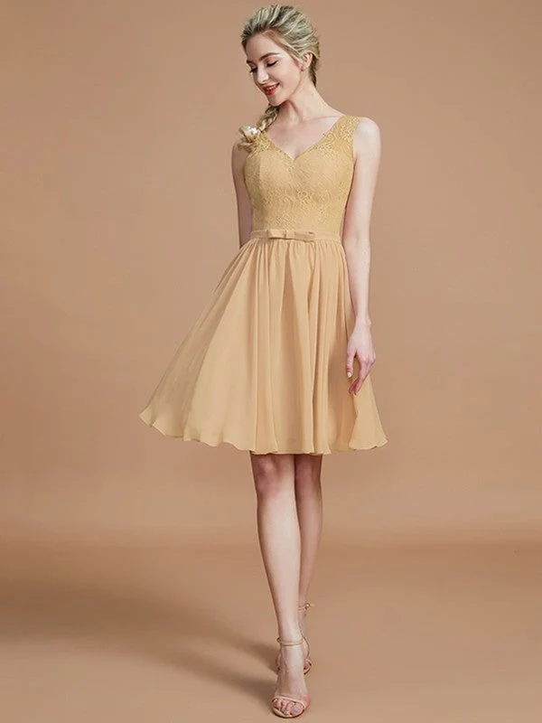 V-Neck Elegant Sleeveless Lace Short/Mini Chiffon Bridesmaid Dresses - Image 17