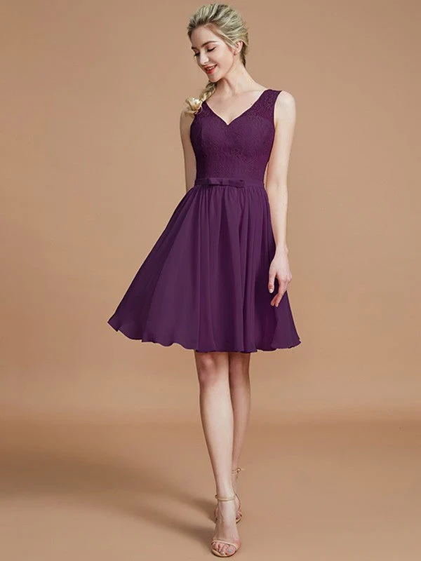V-Neck Elegant Sleeveless Lace Short/Mini Chiffon Bridesmaid Dresses - Image 18