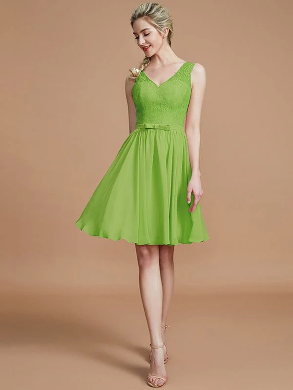 V-Neck Elegant Sleeveless Lace Short/Mini Chiffon Bridesmaid Dresses - Image 19