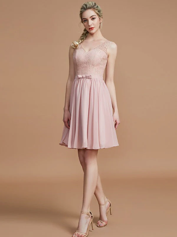 V-Neck Elegant Sleeveless Lace Short/Mini Chiffon Bridesmaid Dresses - Image 2
