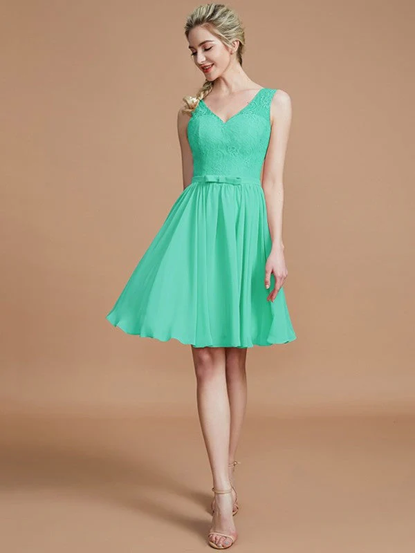 V-Neck Elegant Sleeveless Lace Short/Mini Chiffon Bridesmaid Dresses - Image 20