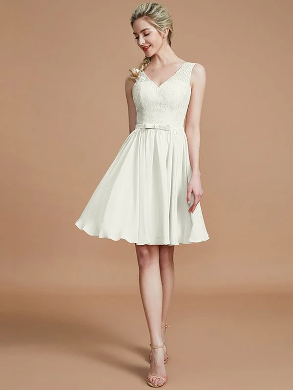 V-Neck Elegant Sleeveless Lace Short/Mini Chiffon Bridesmaid Dresses - Image 21
