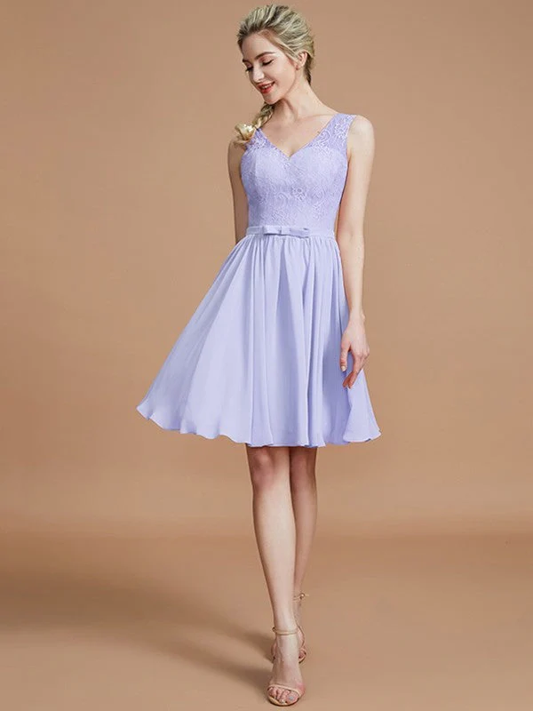 V-Neck Elegant Sleeveless Lace Short/Mini Chiffon Bridesmaid Dresses - Image 22