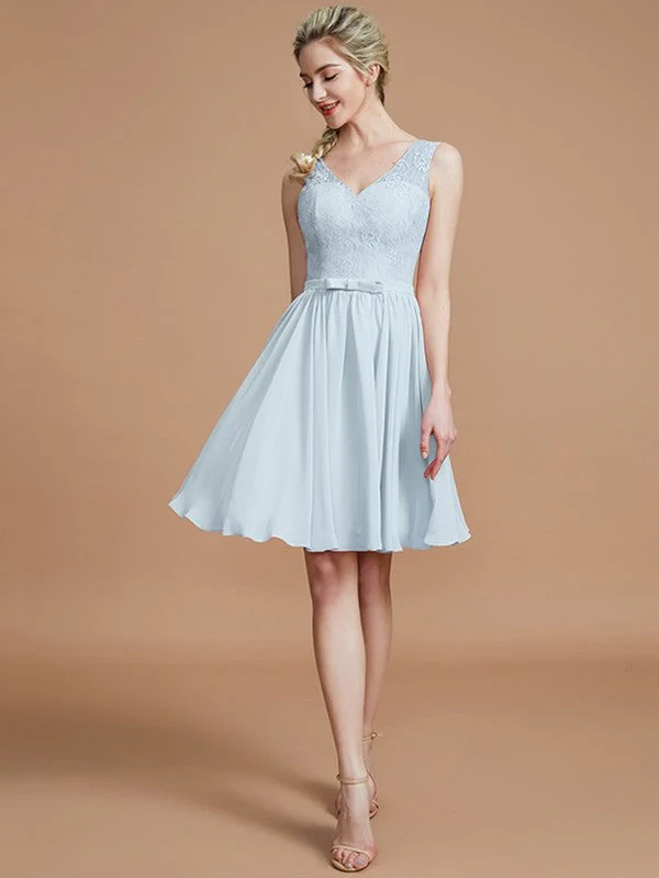 V-Neck Elegant Sleeveless Lace Short/Mini Chiffon Bridesmaid Dresses - Image 23