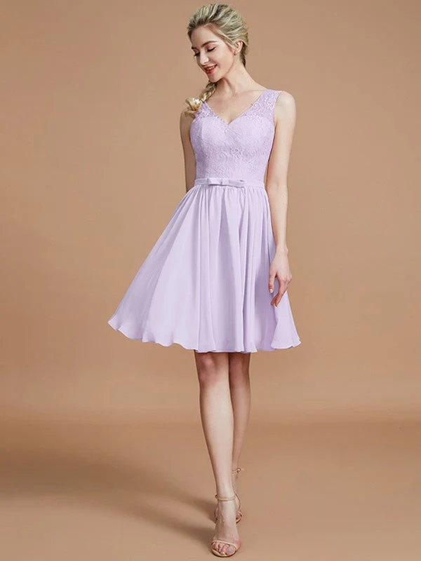 V-Neck Elegant Sleeveless Lace Short/Mini Chiffon Bridesmaid Dresses - Image 24