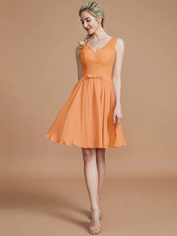 V-Neck Elegant Sleeveless Lace Short/Mini Chiffon Bridesmaid Dresses - Image 25