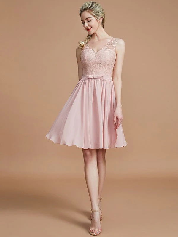 V-Neck Elegant Sleeveless Lace Short/Mini Chiffon Bridesmaid Dresses - Image 26