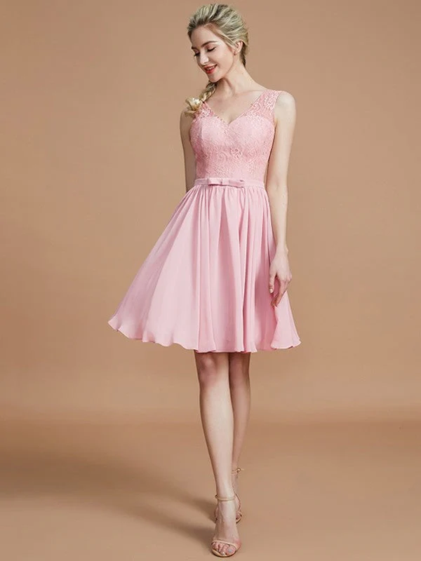 V-Neck Elegant Sleeveless Lace Short/Mini Chiffon Bridesmaid Dresses - Image 27