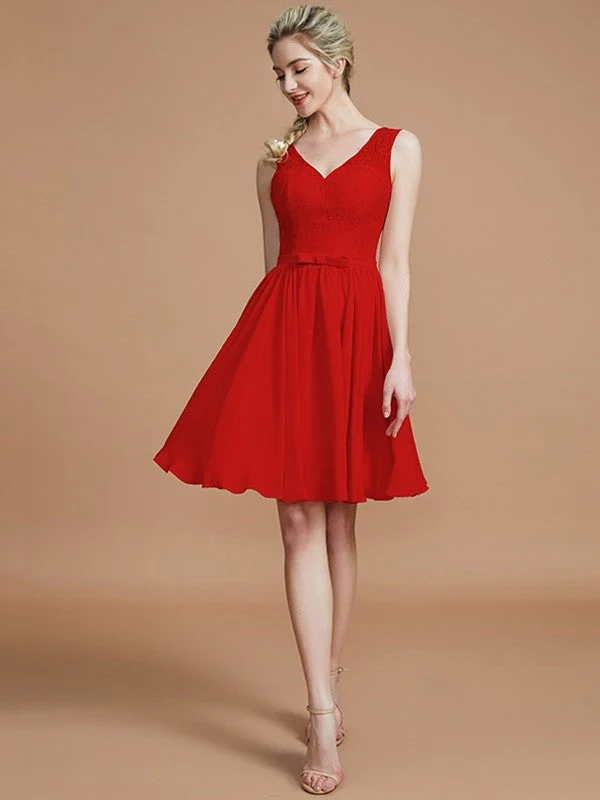 V-Neck Elegant Sleeveless Lace Short/Mini Chiffon Bridesmaid Dresses - Image 28