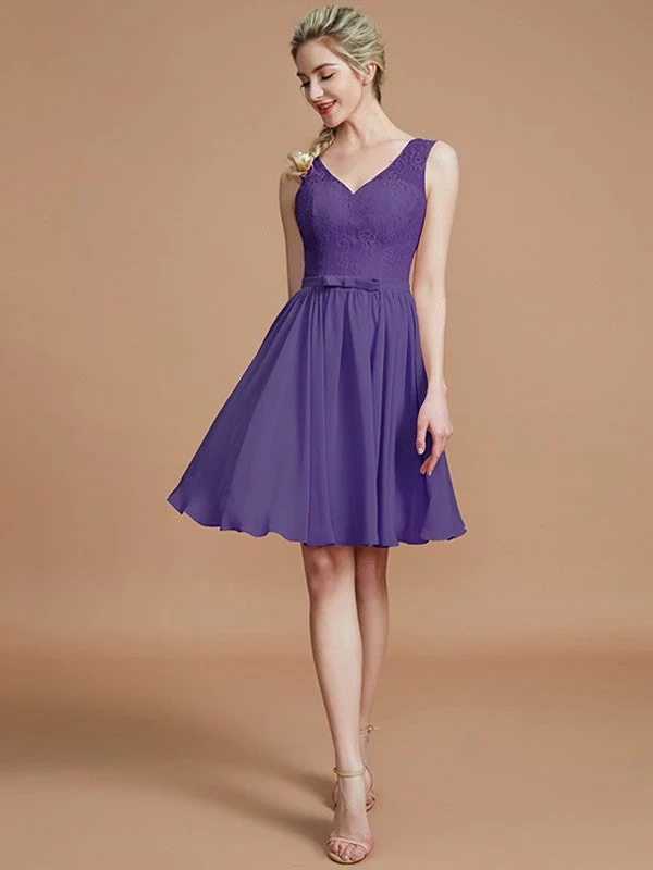 V-Neck Elegant Sleeveless Lace Short/Mini Chiffon Bridesmaid Dresses - Image 29
