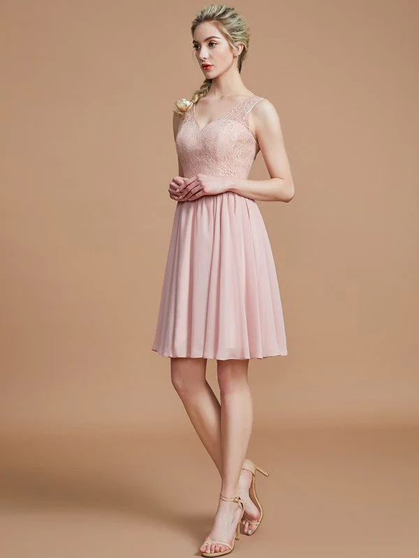 V-Neck Elegant Sleeveless Lace Short/Mini Chiffon Bridesmaid Dresses - Image 3