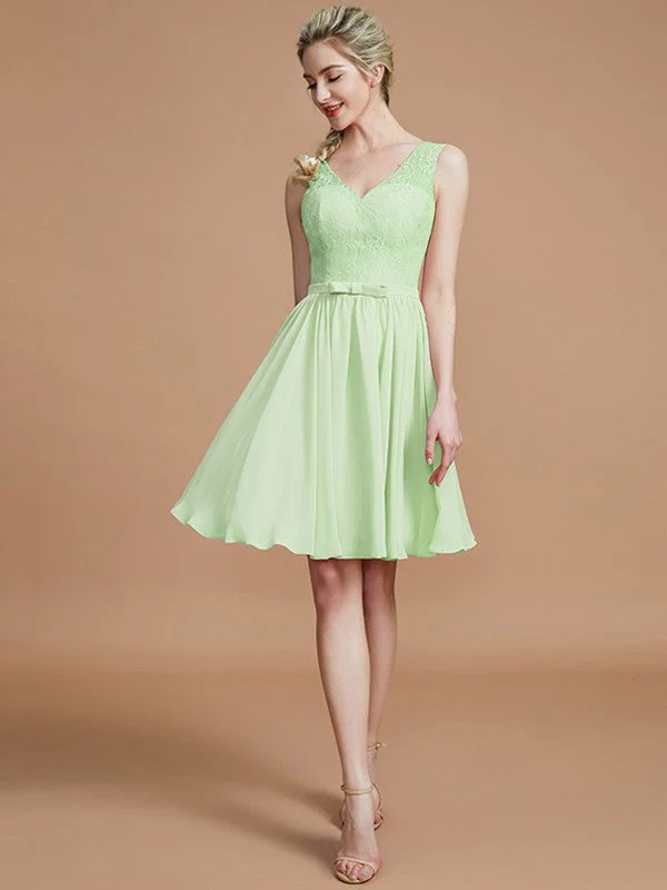 V-Neck Elegant Sleeveless Lace Short/Mini Chiffon Bridesmaid Dresses - Image 31